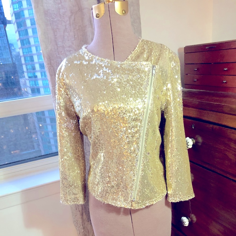 Gold sequin cropped Moto jacket